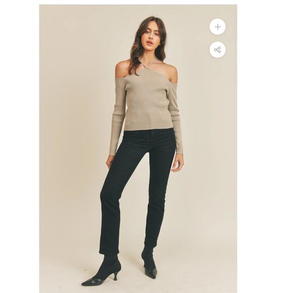 Mable ANTHRO small Monroe mocha tan off shoulder long sleeve crop strap ribbed - Picture 12 of 12